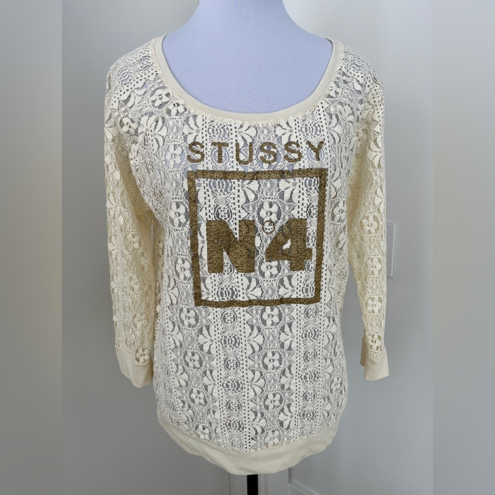 STUSSY No.4 Logo Gold Graphic Cream Lace Top 3/4 Sleeve Sheer Casual Streetwear